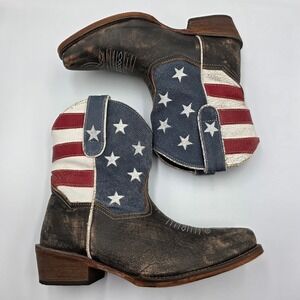 Roper American Flag Distressed Leather Western Cowboy Boots Women 7 Brown 09-021